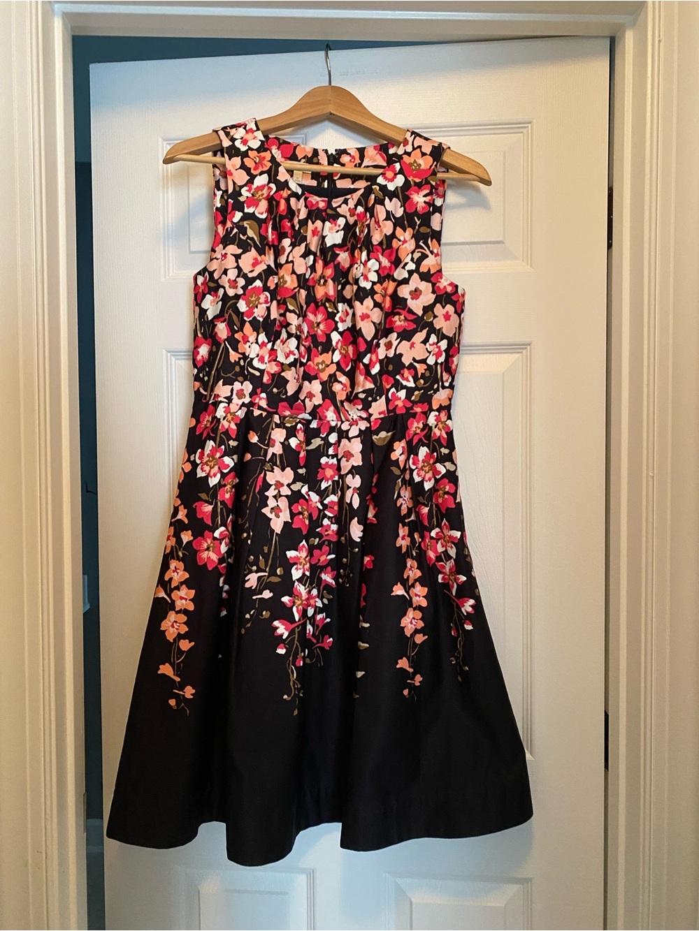 Talbots Black Floral Midi Dress with Pink and Cream Blooms